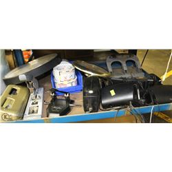 SHELF W/ CLOCKS, HOLE PUNCH, STAPLERS, SPEAKERS