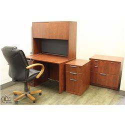 OFFICE DESK WITH HUTCH, CHAIR, 2 CABINETS