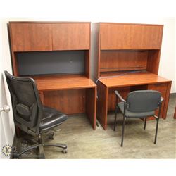 2 OFFICE DESKS WITH HUTCHES & 2 CHAIRS
