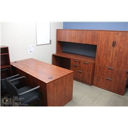 2 OFFICE DESKS WITH HUTCH, CABINET & BOOKSHELF
