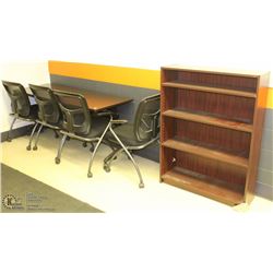 OFFICE TABLE ON CASTORS WITH 4 CHAIRS & BOOKCASE