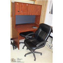 SMALL OFFICE DESK WITH HUTCH, CABINET & CHAIR.
