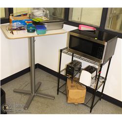 3 TIER METAL SHELF WITH LG MICROWAVE, 2 TOASTERS &