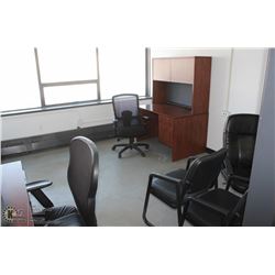 2 OFFICE DESKS WITH HUTCHES & 5 CHAIRS