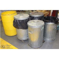4 METAL GARBAGE CANS WITH LIDS AND PLASTIC BARREL