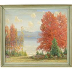 Lot #  532:  GUSTAVE ADOLF WIEGAND (American, 1870-1957) “GLORIOUS AUTUMN AT LAKE SUNAPEE, N.H.”.