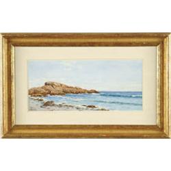 Lot #  551:  ALFRED THOMPSON BRICHER (American, 1837-1908) SEASHORE WITH ROCKY POINT IN BACKGROUND.