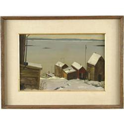 Lot #  559:  STEPHEN MORGAN ETNIER (American, 1903-1984) FISHING SHACKS IN WINTER.