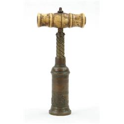 Lot #  572:  EARLY ANTIQUE BRASS AND CARVED BONE CORK SCREW.