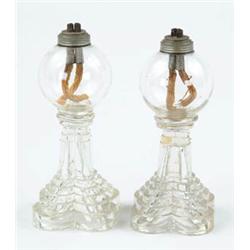 Lot #  574:  PAIR OF EARLY GLASS WHALE OIL LAMPS.