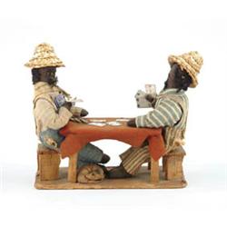 Lot #  581:  INTERESTING BLACK FOLK ART WOOD AND CLOTH FIGURAL GROUP CARD PLAYERS.