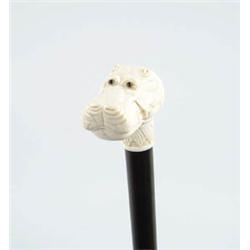 Lot #  585:  CANE: FINE CARVED IVORY HIPPOPOTAMUS AND ROSEWOOD CANE.