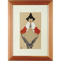 Lot #  596:  MAXFIELD FREDERICK PARRISH (American, 1870-1966) “CLOWN WITH PLACARD”.
