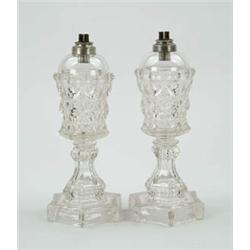 Lot #  604:  PAIR OF SANDWICH GLASS WHALE OIL LAMPS.