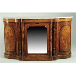 Lot #  624K.:  FABULOUS SHAPED FRONT BURL INLAID VICTORIAN MARBLE TOP CREDENZA.