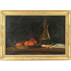 Lot #  641:  WILLIAM MERRITT CHASE (American, 1849-1916) STILL LIFE WITH APPLES AND BRASS EWER.
