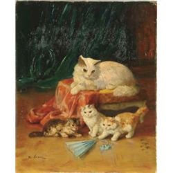 Lot #  656:  MARIE YVONNE LAUR “YO” (French, 1879-1943) CAT, KITTENS AND BLUE FAN.