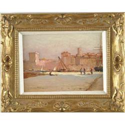 Lot #  662:  SAUVEUR BERNAY-THERIC (French, 1874-1963) MEDITERRANEAN PORT SCENE.