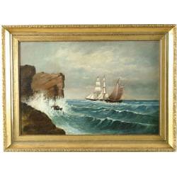 Lot #  690:  AMERICAN SCHOOL (19th Century) SEASCAPE WITH BOATS.