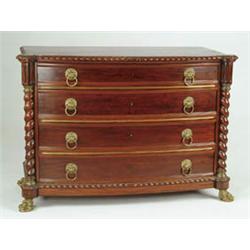 Lot #  708:  OUTSTANDING FOUR DRAWER MAHOGANY BOW FRONT CHEST.