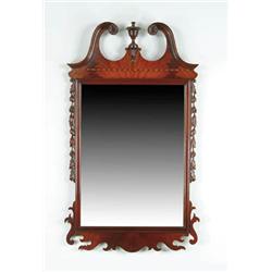 Lot #  709:  FINE CHIPPENDALE STYLE MAHOGANY INLAID AND CARVED MIRROR.