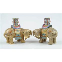 Lot #  729:  PAIR OF ORIENTAL EXPORT ELEPHANT CANDLESTICKS.