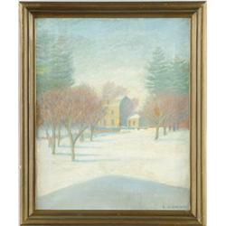 Lot #  738:  BIRGE L. HARRISON (American, 1854-1929) COLONIAL HOUSE IN WINTER.