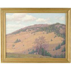 Lot #  758:  ANDREW T. SCHWARTZ (American, 1867-1942) EARLY SPRING HILLSIDE LANDSCAPE.
