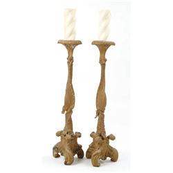 Lot #  773:  LARGE PAIR OF ANTIQUE CARVED WOOD PRICKET CANDLESTICKS.
