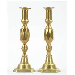 Lot #  774:  PAIR OF BRASS PUSH-UP CANDLESTICKS.