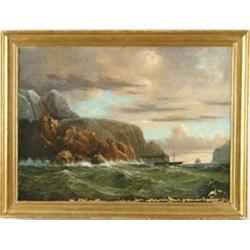 Lot #  818:  UNSIGNED (European, 19th C) STEAMER OFF ROCKY COAST.