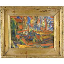 Lot #  832:  ROBERT SPENCER (American, 1879-1931) BOATS AT DRY DOCK.