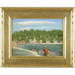 Lot #  833:  GORDON HOPE GRANT (American, 1875-1962) LAKESIDE BEACH WITH BATHERS.