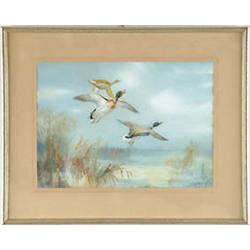 Lot #  842:  W. E. PAOL ? (20th Century) MALLARDS IN FLIGHT.