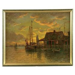 Lot #  852C.:  ATTRIBUTED TO WILLIAM PASKELL (American, 1866-1951) SUNDOWN AT THE HARBOR.