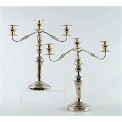 Lot #  855:  PAIR OF TWO PART ENGLISH SILVER PLATED CANDELABRAS.