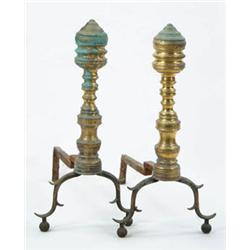 Lot #  859:  PAIR OF TALL BRASS ANDIRONS.