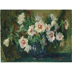 Lot #  867:  BERTHA S. MENZLER DRESSLER PEYTON (American, 1871-1947) WHITE FLOWERS IN BLUE VASE.