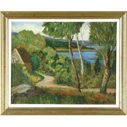 Lot #  876:  JOHN R. GRABACH (American, 1886-1981) LANDSCAPE WITH LAKE.