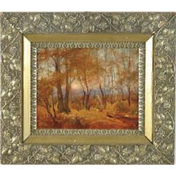 Lot #  879:  HORACE P. GILES (American, 1806-1897) SUN THROUGH FALL WOODED LANDSCAPE.