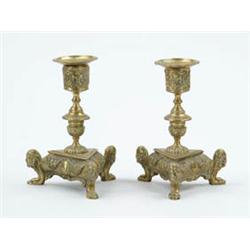 Lot #  898:  PAIR OF ANTIQUE FANCY BRASS CANDLESTICKS.