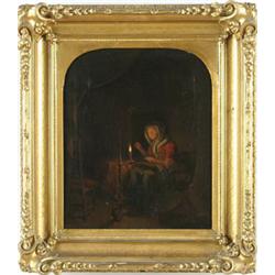 Lot #  901:  UNSIGNED (European, 19th C) SEWING BY CANDLELIGHT.