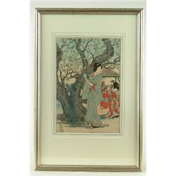 Lot #  908B.:  UNKNOWN (Japanese, 19th C) WOMEN AND FLOWERING TREE.