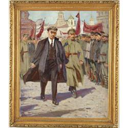 Lot #  1003:  SIGNED (Russian, Early 20th C) LEON TROTSKY REVIEWING TROOPS.