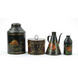 Lot #  1007:  FOUR DECORATED TOLEWARE TINS.