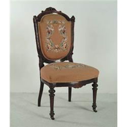 Lot #  1055:  VICTORIAN SIDE CHAIR WITH NEEDLEWORK UPHOLSTERY.
