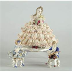 Lot #  1090:  THREE DRESDEN TYPE FIGURINES.