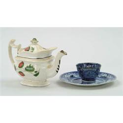 Lot #  1136:  BLUE AND WHITE STAFFORDSHIRE PLATE AND CUP WITH A STRAWBERRY TEAPOT.