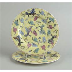 Lot #  1158:  PAIR OF ORIENTAL YELLOW GROUND PLATES.