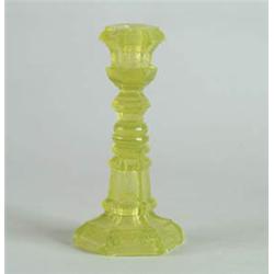 Lot #  1165:  TWO YELLOW SANDWICH GLASS CANDLESTICKS.